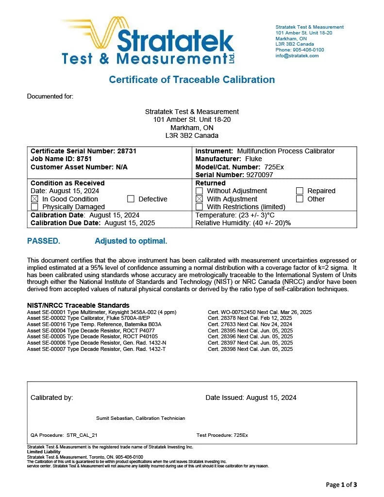 Fluke 725Ex Multifunction Process Calibrator - Intrinsically Safe & NIST Calibrated