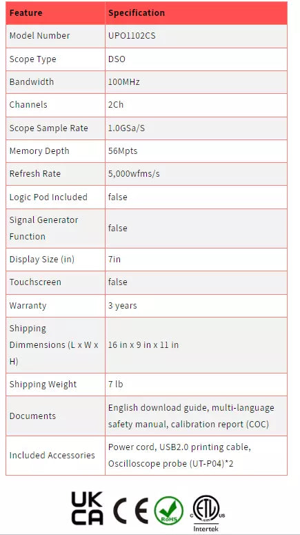 UNI-T UPO1102CS 100MHz 2-Channel Digital Storage Oscilloscope