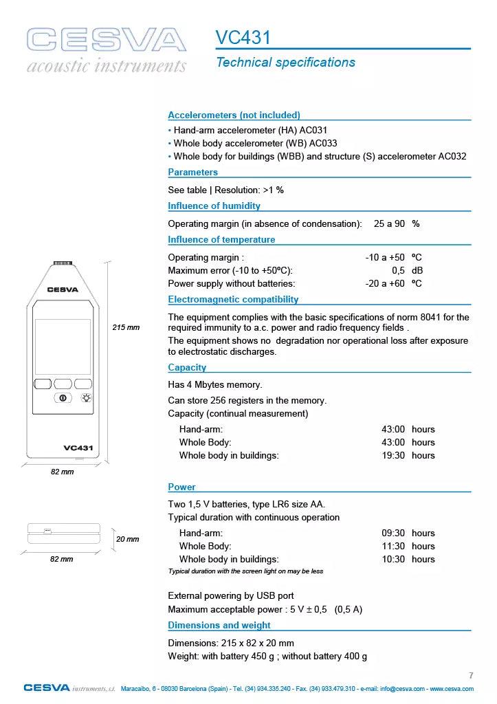 CESVA VC431 Triaxial Vibrometer - ISO 804 Certified Vibration Meter