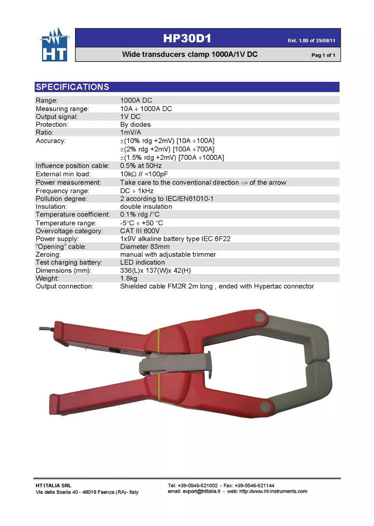 HT Instruments HP30D1 Standard Clamp Meter for DC Current Measurement up to 1000A with 83mm Clamp Opening
