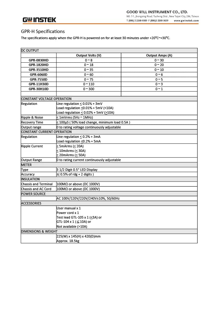 GW Instek GPR-0830HD DC Linear Power Supply - 240W, 8V, 30A