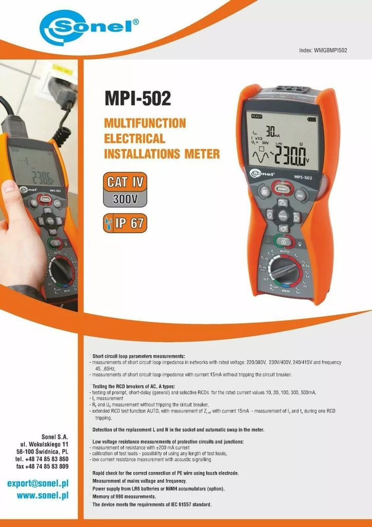 Sonel MPI-502 Multifunction Electrical Installation Meter with Auto RCD