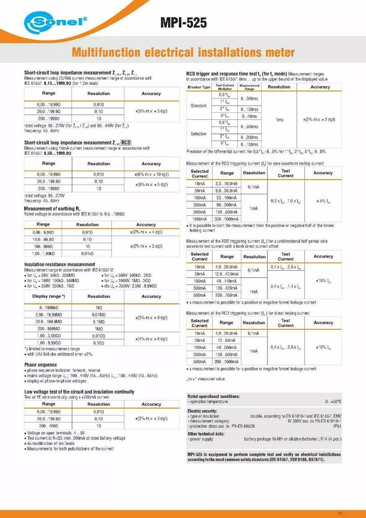 Sonel MPI-525 Multifunction Electrical Installation Meter - ISO 2500V CAT IV 300V