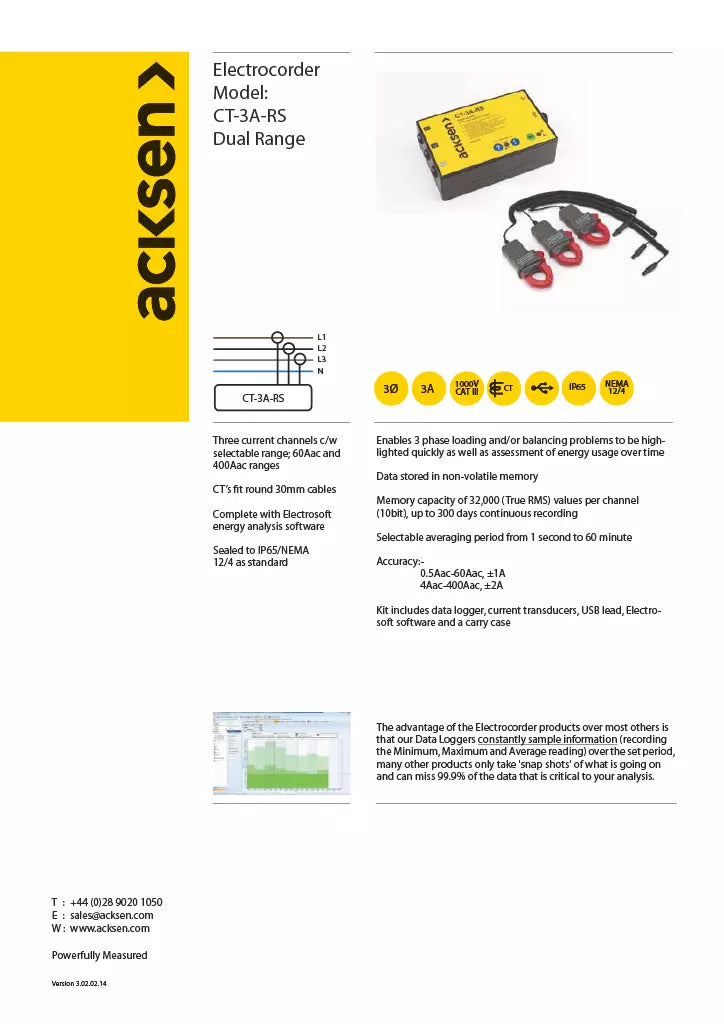 Acksen CT-3A-RS Three Phase Current Logger with 60A/400A CTs, Software & Case
