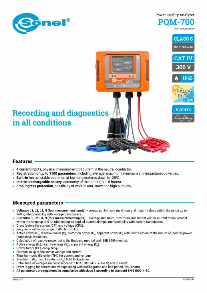 Sonel PQM-700 Power Quality Analyzer - 3 Phase PQA 700V with Optional CTs