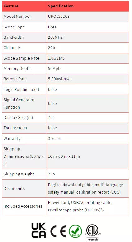 UNI-T UPO1202CS 200MHz 2-Channel Digital Storage Oscilloscope