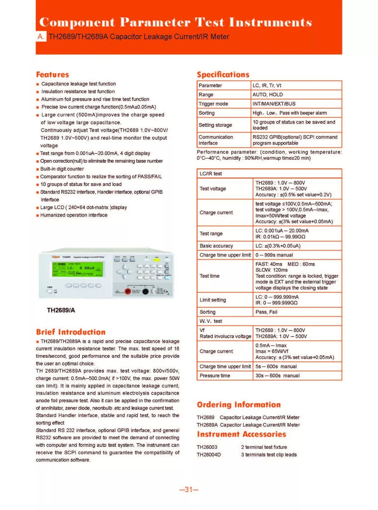 Tonghui TH2689A Capacitor Leakage Current and Insulation Resistance Tester