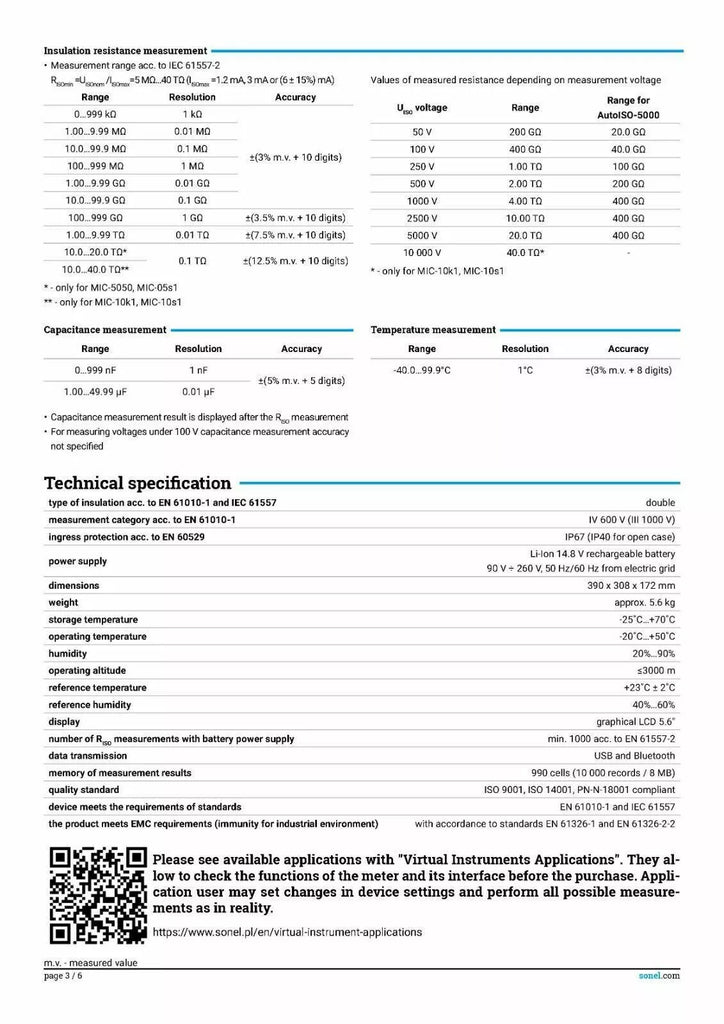 Sonel MIC-10k1 10kV Insulation Tester - 40 TΩ MegOhmMeter for Insulation Resistance Testing