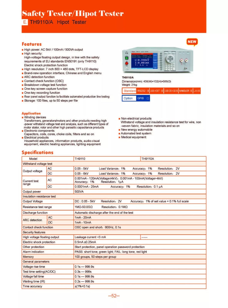 Tonghui TH9110A Hipot Tester with 5kV Arc Detection and 7'' LCD Screen