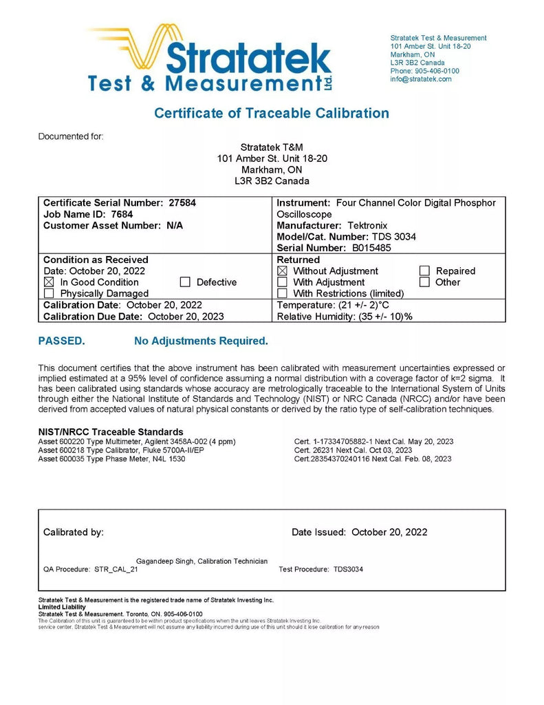 Tektronix TDS 3034 300MHz 4-Channel Digital Phosphor Oscilloscope - NIST Calibrated