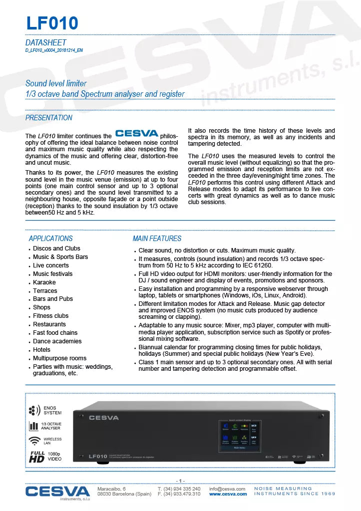 CESVA LF010 Acoustic Limiter - Sound Level Limiter Analyzer & Frequency Recorder