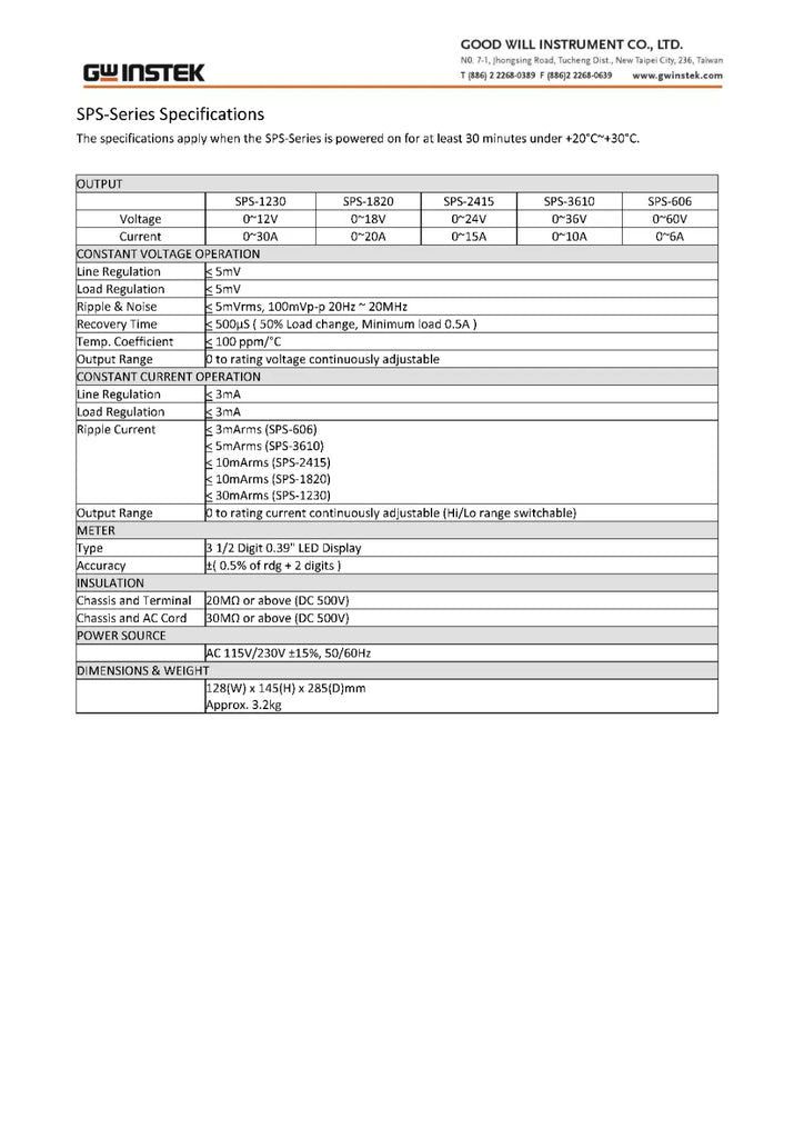 GW Instek SPS-1230 360W 12V 30A Switching DC Power Supply
