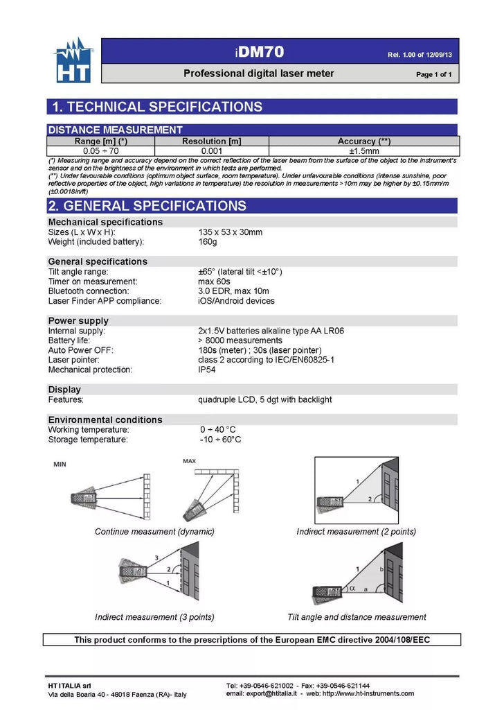 HT Instruments iDM70 Laser Distance Meter with Inclinometer and Bluetooth Connectivity