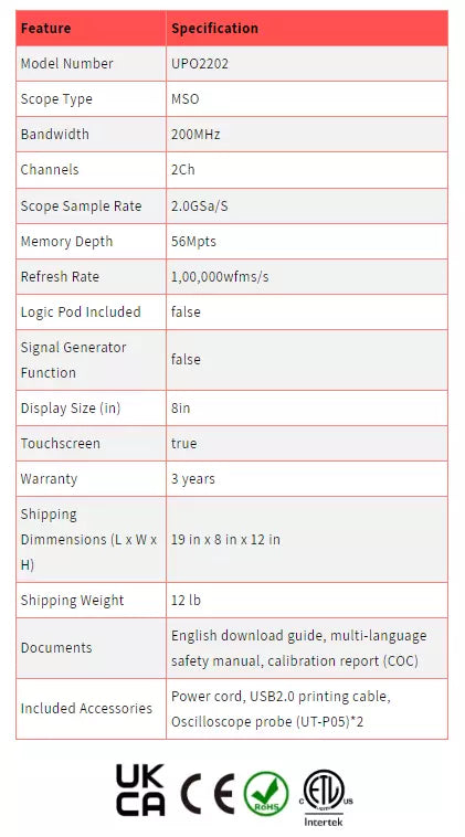 UNI-T UPO2202 200MHz 2-Channel Mixed Signal Oscilloscope (MSO) without Logic Pod