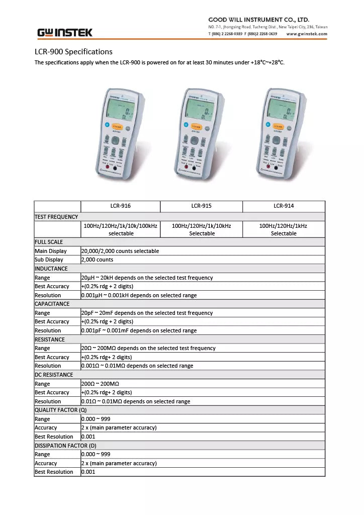 GW Instek LCR-916 Handheld LCR Meter - 100kHz, 0.2% Accuracy