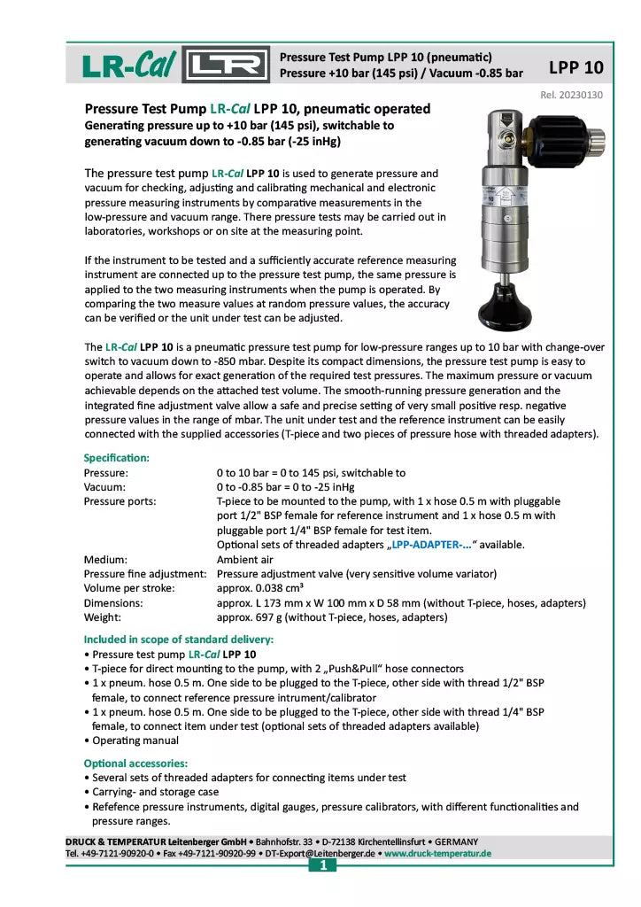 LR-Cal LPP 10 Pneumatic Pressure Test Pump - 145 PSI / 10 Bar