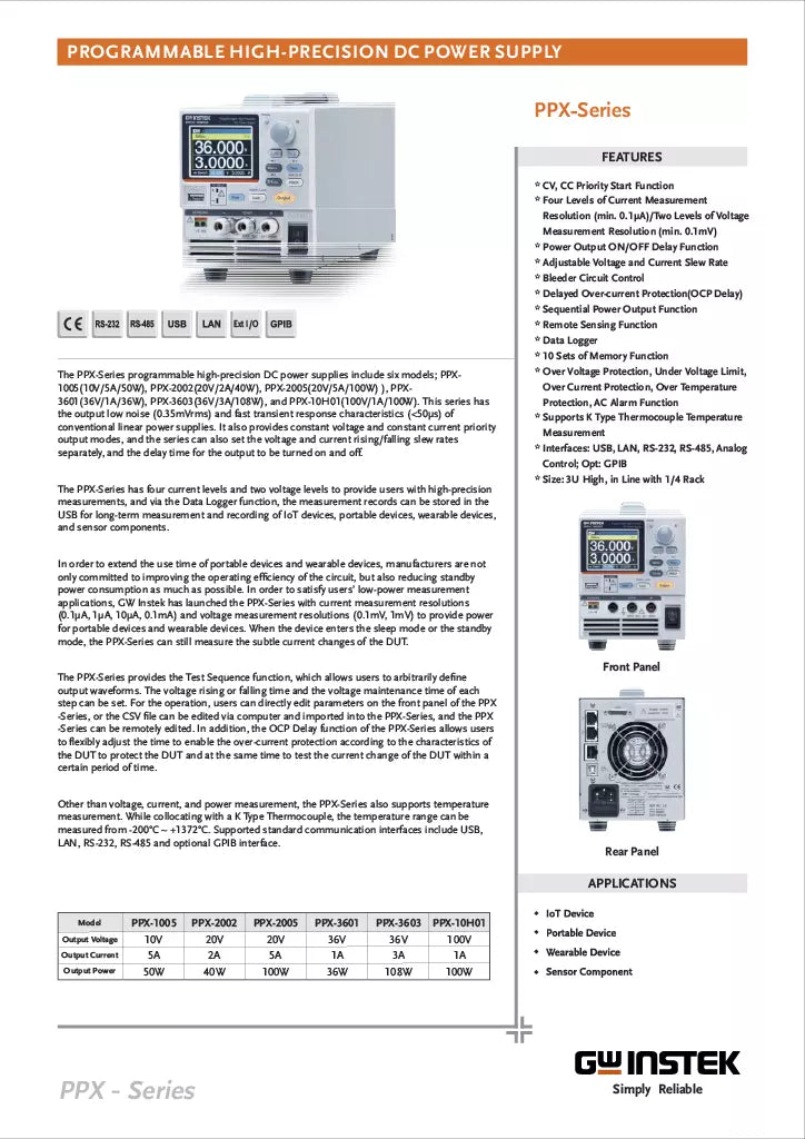 GW Instek PPX-10H01 Programmable High Precision DC Power Supply - 100W, 100V, 1A