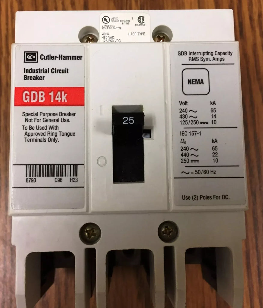 Cutler-Hammer GDB3020D 3-Pole Industrial Circuit Breaker 25A 480VAC 125/250VDC - ZYYKZ Test Equipment