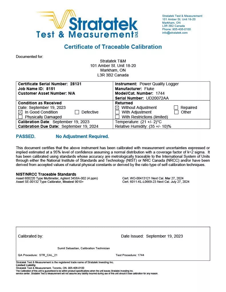 Fluke 1744 Power Quality Logger - NIST Calibrated 3 Phase PQA MemoBox