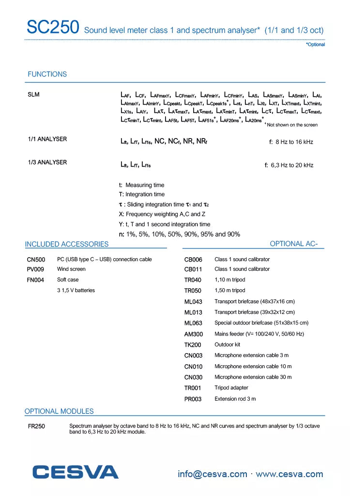 CESVA SC250 Class 1 Sound Level Meter - 23.5 dB to 140 dB Measurement Range