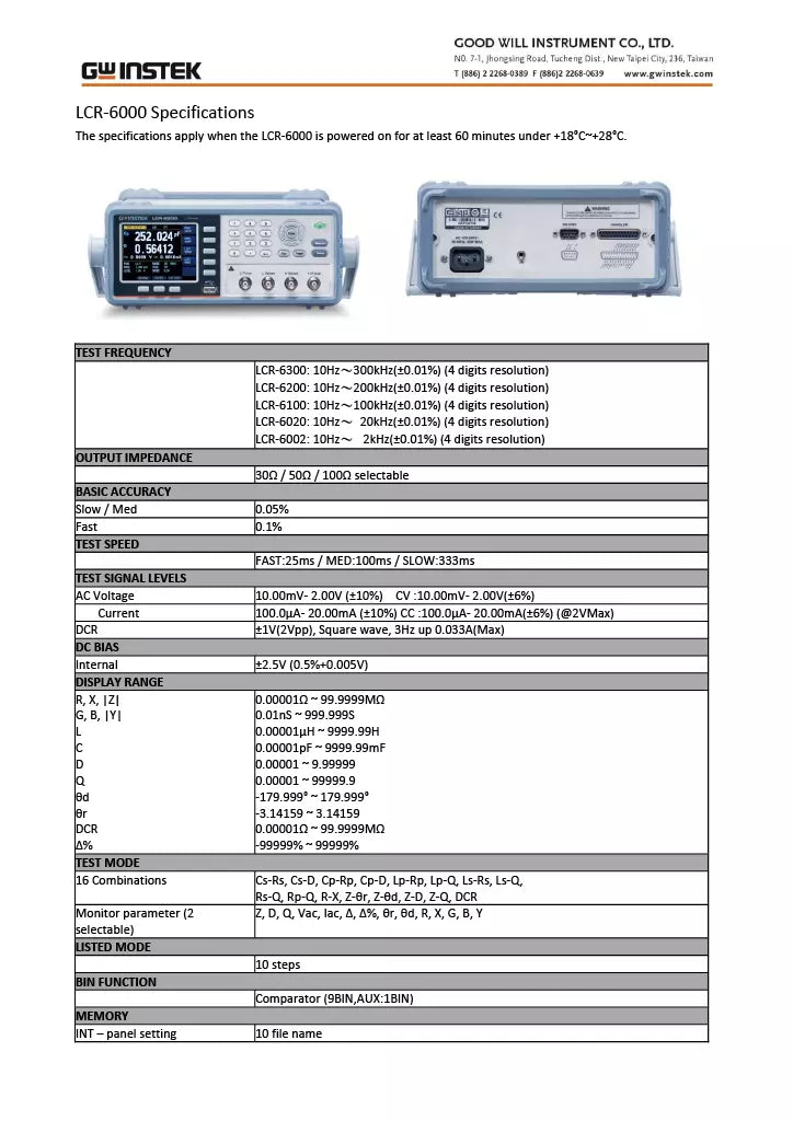 GW Instek LCR-6002 Precision LCR Meter - 10Hz to 2kHz, 0.05% Accuracy