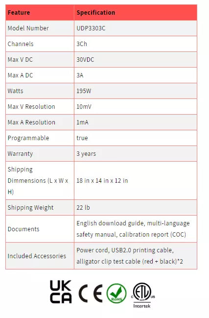 UNI-T UDP3305C Advanced Programmable Linear DC Power Supply - 3 Channels, 30V/5A, 315W