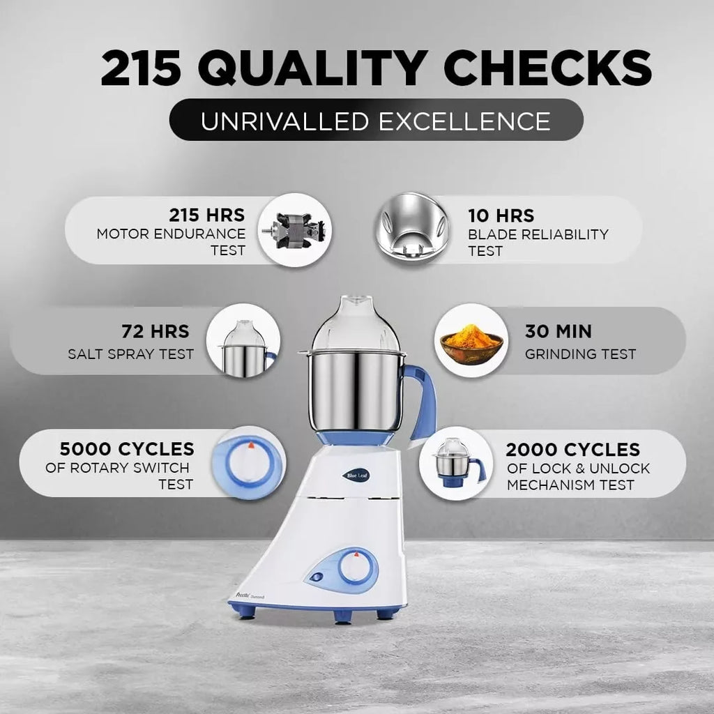 Preethi Blue Leaf Diamond MG-214 750W Mixer Grinder with 3 Stainless Steel Jars - ZYYKZ Test Equipment