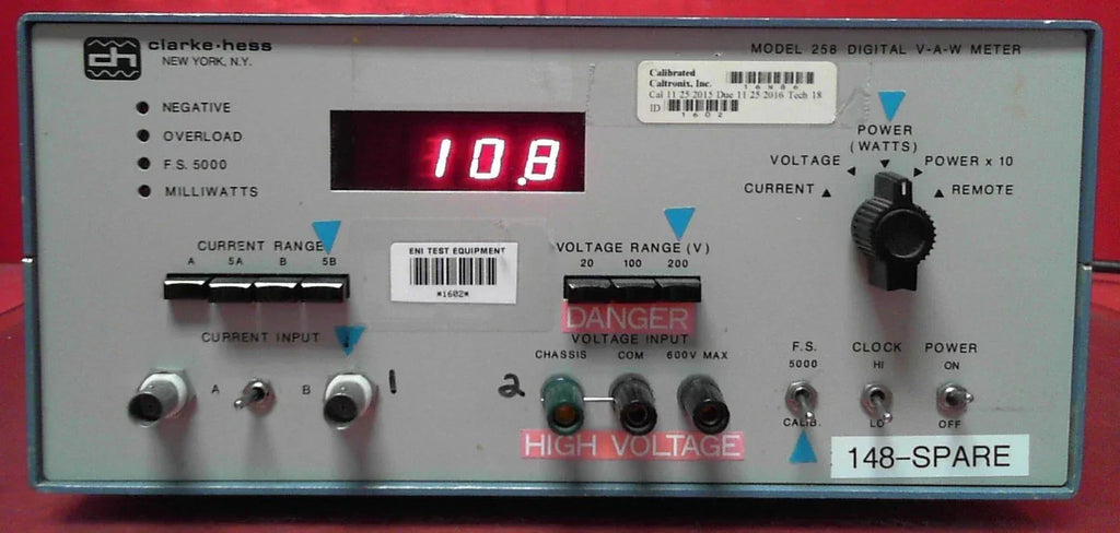 Clarke-Hess 258 92309 V-A-W Meter - ZYYKZ Test Equipment