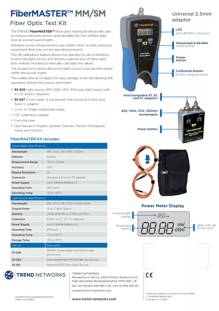 Trend Networks FIBERMASTER Series Fibre Data Cable Tester - Measures in mW and dBm