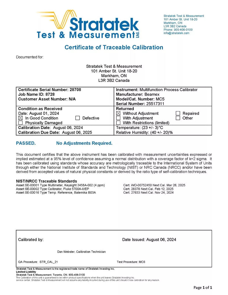Beamex MC5 Multifunction Process Calibrator with Fluke Leads - NIST Calibrated