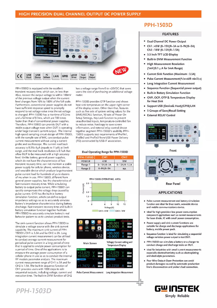 GW Instek PPH-1503 Dual Range DC Power Supply 9V 5A 45W
