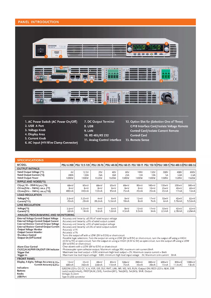 GW Instek 600-2.6 Programmable Switching DC Power Supply - 600VDC, 2.6A, 1560W
