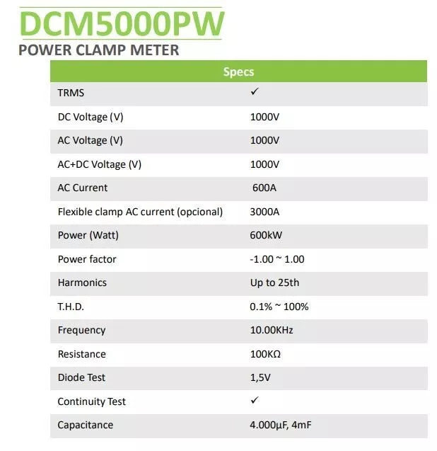 KPS DCM5000PW TRMS AC Power Quality Clamp Meter with Inrush, Harmonics, and Power Factor Measurement