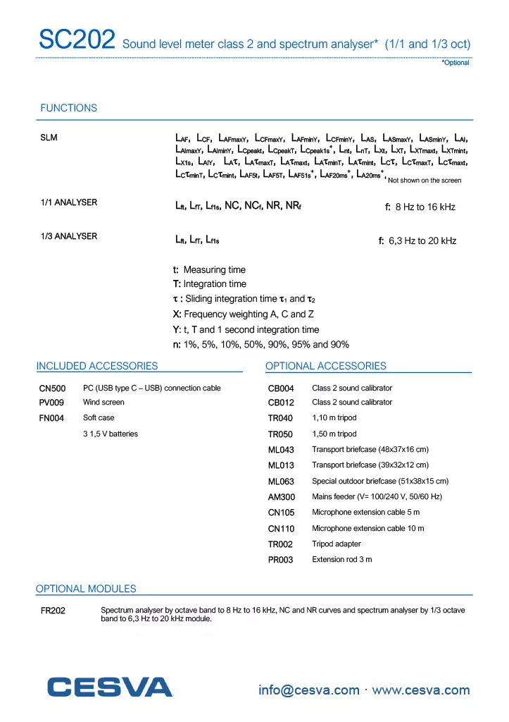 CESVA SC202 Class 2 Sound Level Meter - 30.5 dB to 140 dB