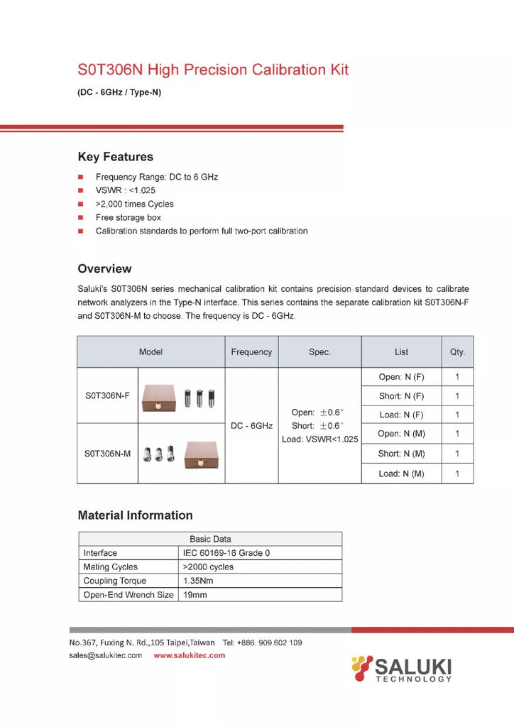 Saluki S0T306N-M N Type 6GHz Precision VNA Calibration Kit