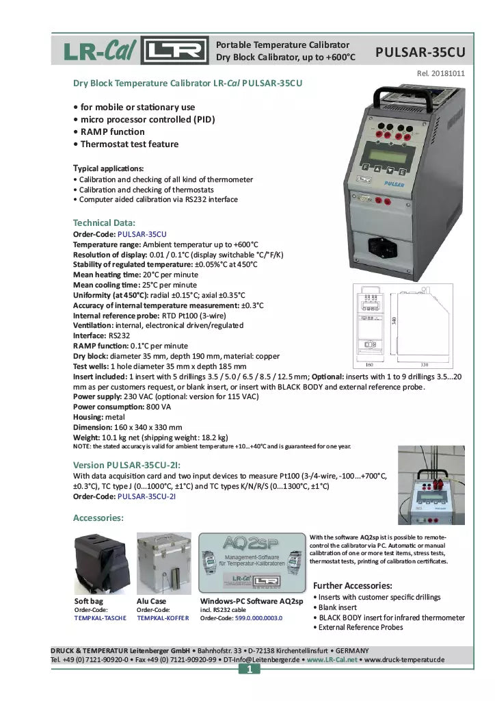 LR-Cal PULSAR-35Cu-2I Dry Block Temperature Calibrator -20°C to +600°C