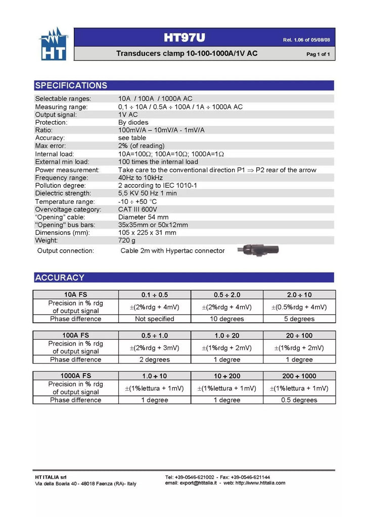 HT Instruments HT97U AC Current Transducer - 1000A, CAT III 600V