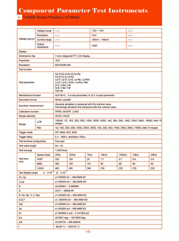 Tonghui TH2838A LCR Meter - 20Hz to 1MHz, 5mVrms to 2Vrms, 10V