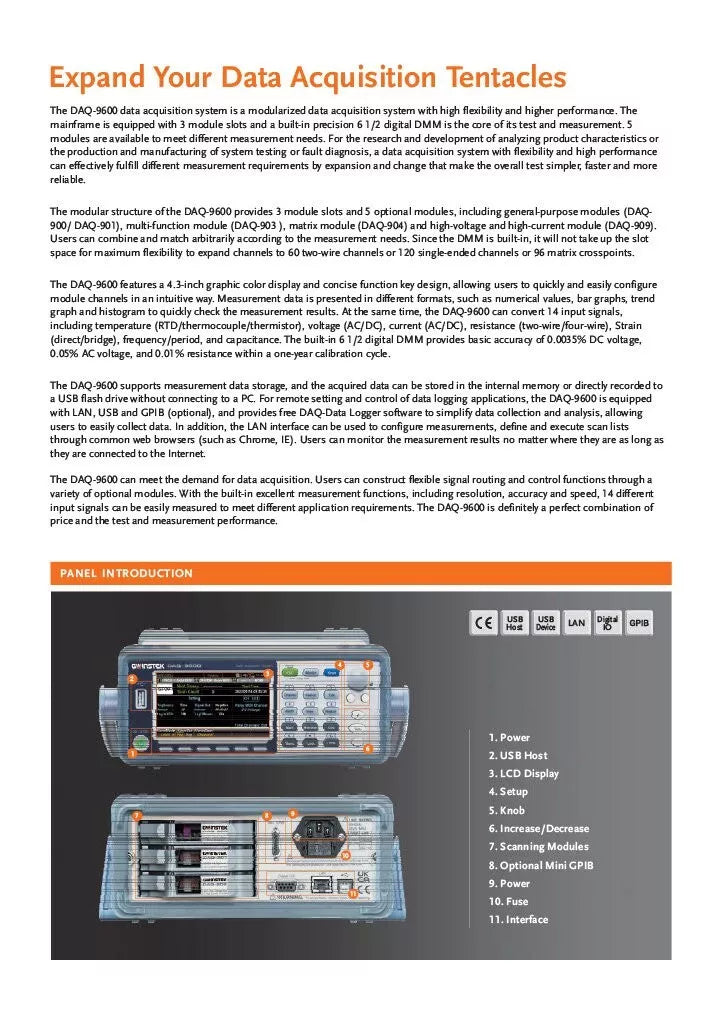 GW Instek DAQ-9600G Data Acquisition System - 3-Slot Mainframe with 6.5 Digit DMM and GPIB Interface