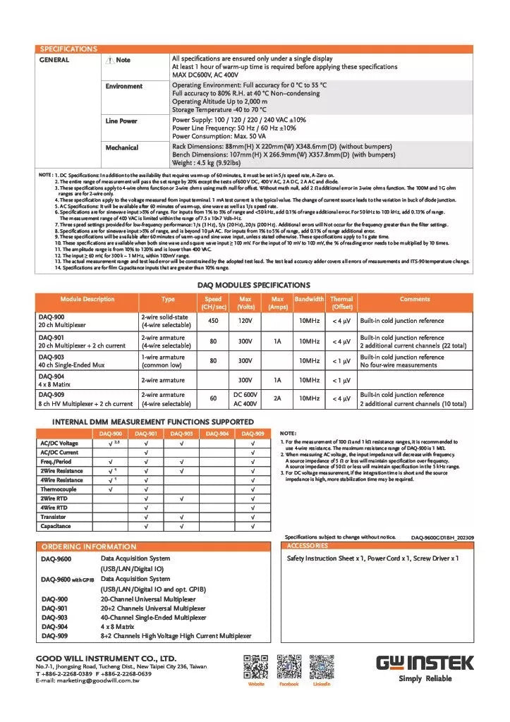 GW Instek DAQ-9600 Data Acquisition System with 3-Slot Mainframe and 6.5 Digit DMM