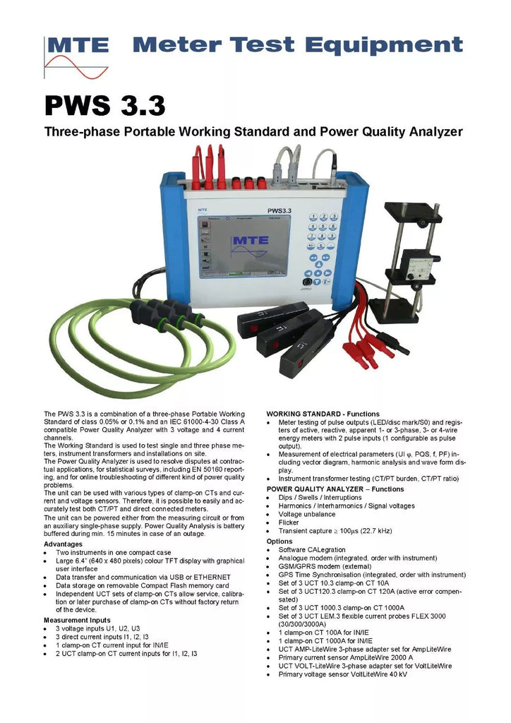MTE PWS 3.3 Three-Phase Portable Working Standard and Power Quality Analyzer