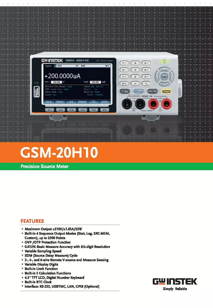 GW Instek GSM-20H10G Precision Source Meter 210V/1.05A/22W SMU with GPIB