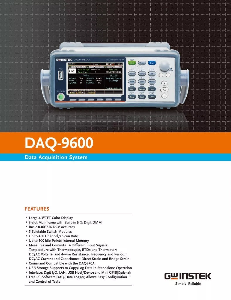 GW Instek DAQ-9600 Data Acquisition System with 3-Slot Mainframe and 6.5 Digit DMM
