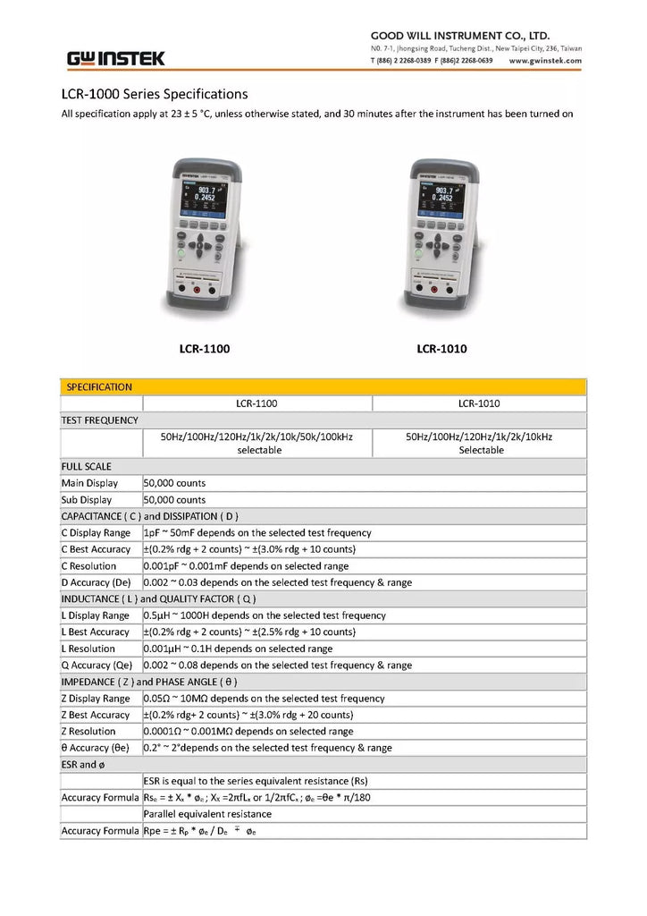 GW Instek LCR-1100 Handheld LCR Meter - 100kHz Frequency Range