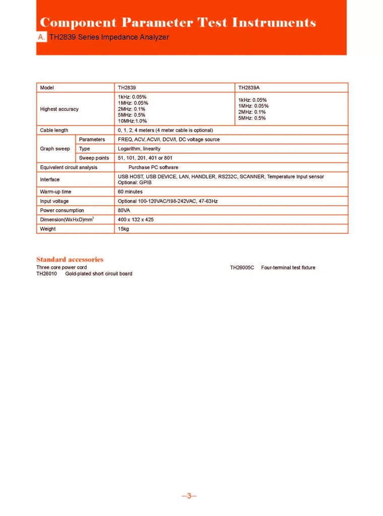 Tonghui TH2839A High-Speed Impedance Analyzer (20Hz-5MHz) with Auto Balance