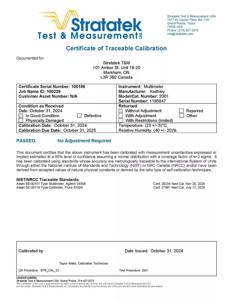 Keithley 2001 7.5 Digit Multimeter - NIST Calibrated DMM