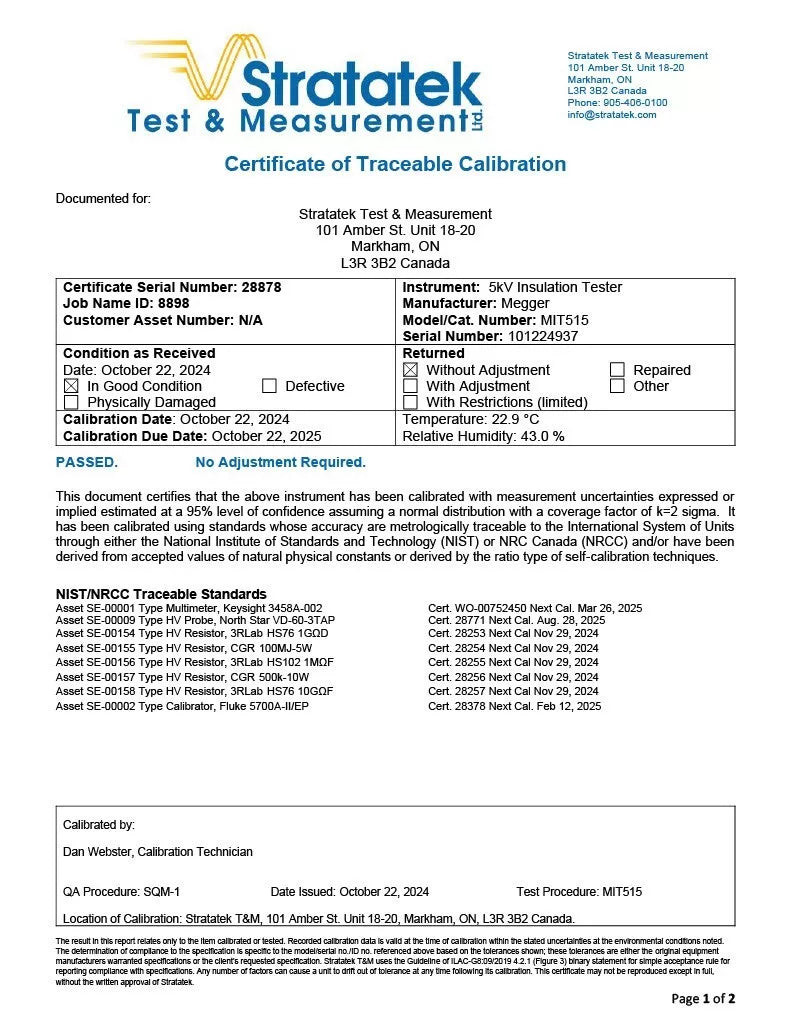 Megger MIT515 5kV Insulation Resistance Tester - NIST Calibrated MegohmMeter