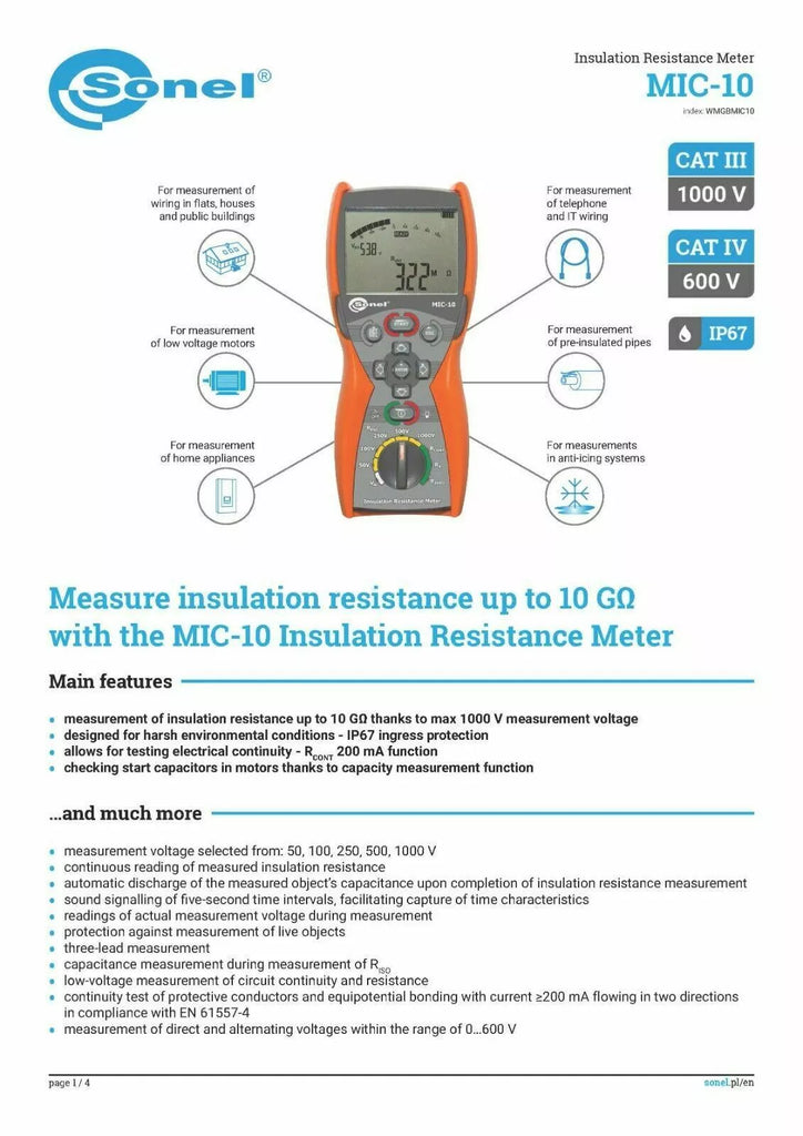 Sonel MIC-10 1kV Insulation Resistance Tester - 1000V MegOhmMeter