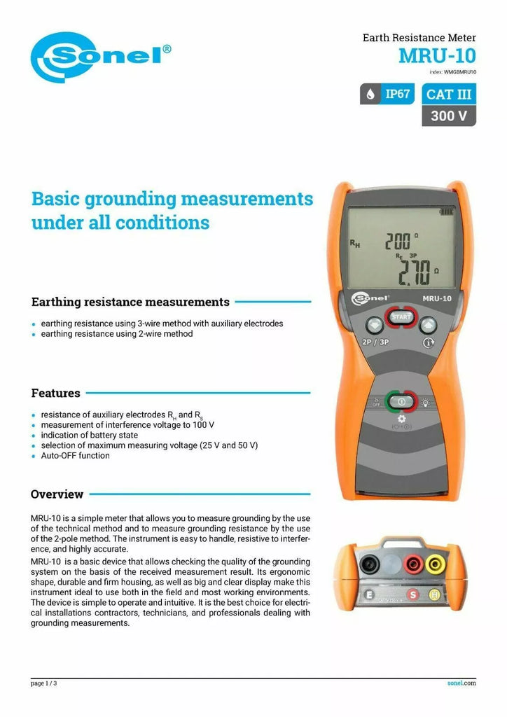 Sonel MRU-10 Earth Ground Resistance Meter - 50V, 60 Hz, CAT III 300V Tester