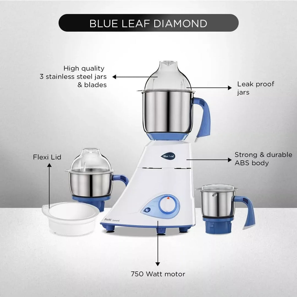 Preethi Blue Leaf Diamond MG-214 750W Mixer Grinder with 3 Stainless Steel Jars - ZYYKZ Test Equipment